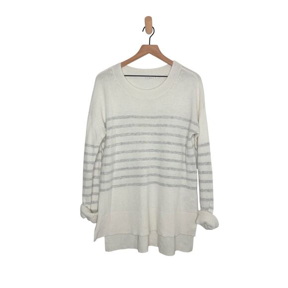 Gap White Wool Blend Stripe Crewneck Tunic Sweater Womens Medium Hi Low Casual - Picture 1 of 8
